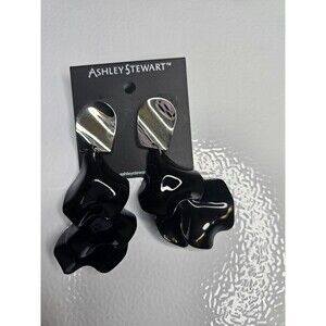 Ashley Stewart Black Silver Acrylic Dangle Pierced Earrings